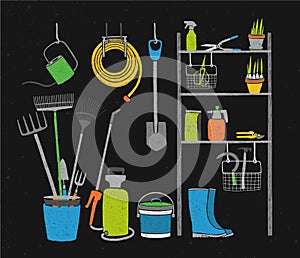 Hand drawn gardening tools and potted plants storing on shelving, standing and hanging beside it on black background