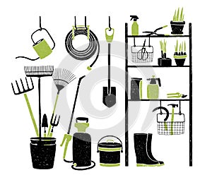 Hand drawn gardening tools storing on shelving, standing and hanging beside it on white background. Organized storage of