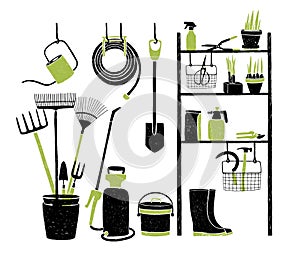 Hand drawn gardening tools storing on shelving, standing and hanging beside it on white background. Organized storage of photo