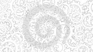 Hand drawn gears wheels rotating on the white background.