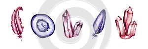 Hand drawn gemstone Agate, diamond and amethyst slice crystal and feather marker illustrations in watercolor style