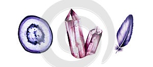 Hand drawn gemstone Agate, diamond and amethyst slice crystal and feather marker illustrations in watercolor style