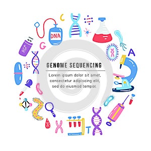 Hand drawn genome sequencing concept. Human dna research technology symbols.