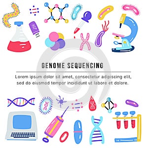 Hand drawn genome sequencing concept. Human dna research technology symbols.