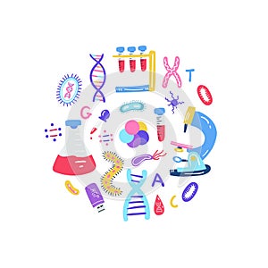 Hand drawn genome sequencing concept. Human dna research technology symbols.