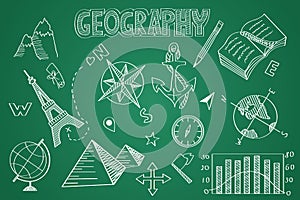 Hand drawn Geography set. Chalk on the blackboard