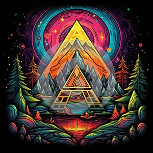 Hand Drawn Geometric Mystical Pyramid Realm on Rainbow Scratchboard, Psychedelic Trippy Acid LSD Shrooms