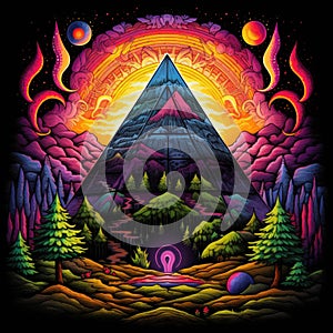 Hand Drawn Geometric Mystical Pyramid Realm on Rainbow Scratchboard, Psychedelic Trippy Acid LSD Shrooms