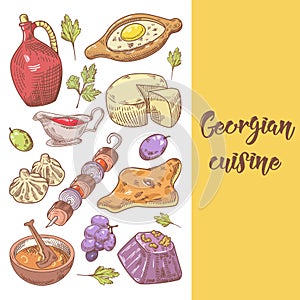 Hand Drawn Georgian Food Menu Cover. Georgia Traditional Cuisine with Dumpling and Khinkali