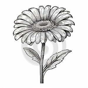 Hand Drawn Gerbera Flower: Wood Engraving Style With Detailed Linear Illustrations