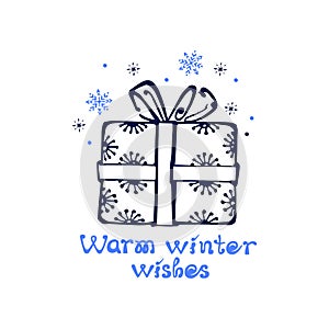 Hand drawn gift box and snowflakes