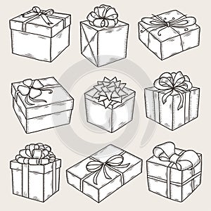 Hand drawn gift boxes set. Vintage vector