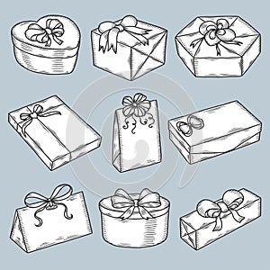 Hand drawn gift boxes set. Vintage vector
