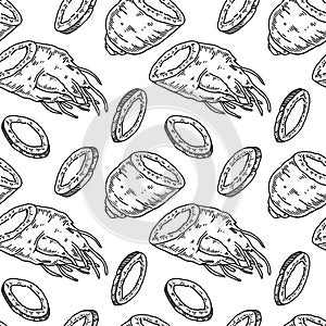 Hand drawn ginseng seamless pattern. Vector illustration in sketch style. Medicinal plant background. Botany design