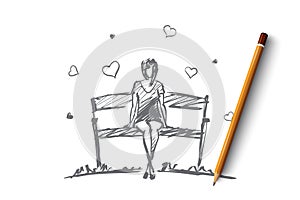Hand drawn girl in love sitting on bench