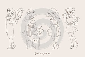 Hand drawn girls characters with cute pets as dog, cat, snake and owl. Home lovely pets with loving owners. Pets and owners are si