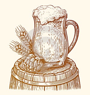 Hand drawn glass goblet with beer drink. Pub, brewery sketch. Vintage vector illustration photo