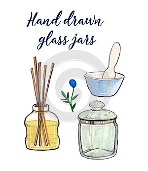 Hand drawn glass jars objects set
