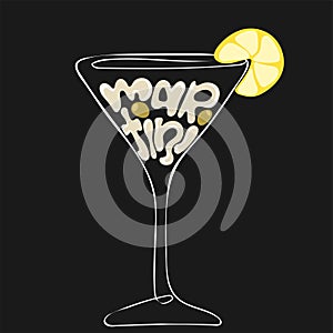 Hand drawn glass of martini with lemon and olives and lettering text