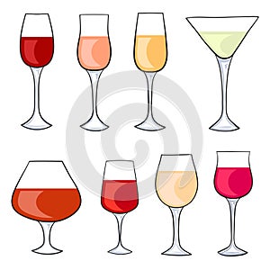Hand drawn glasses with alcohol isolated on white for design, stock vector illustration