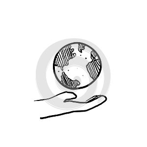 Hand drawn globe in hand illustration symbol for save environment vector icon