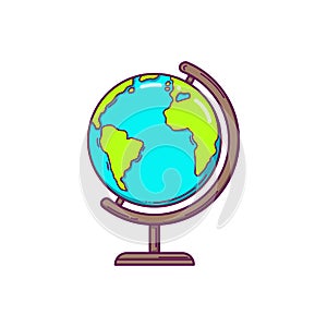 Hand drawn globe for studying geography in doodle style isolated on white background