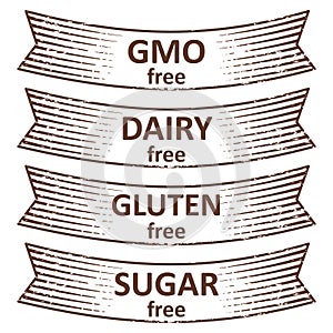 Hand drawn gluten free, sugar free, dairy free, gmo free banners design