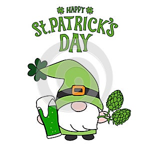 Hand drawn gnome with green beer and hop plant with st patrick\'s day greeting