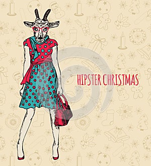 Hand drawn goat woman. Hipster Christmas greeting