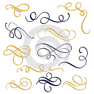 Hand drawn gold and black ink swirls and flourishes. Vector illustration Calligraphic design elements