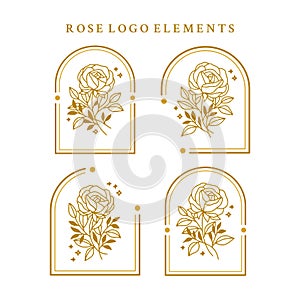 Hand drawn gold botanical rose flower logo element collection