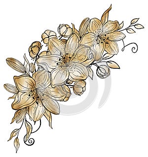 Hand drawn gold bouquet of flowers and leaves. Lily and cotton elements. Floral summer collection. Decorative composition,