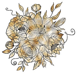Hand drawn gold bouquet of flowers and leaves. Peony, rose, lily, lotus, cotton elements. Floral summer collection