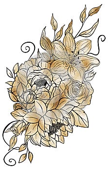 Hand drawn gold bouquet of flowers and leaves. Peony, rose, lily, lotus elements. Floral summer collection. Decorative composition