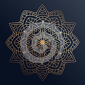 Hand drawn gold ornament mandala with floral elements on dark blue background. Decorative golden gradient pattern. Beautiful