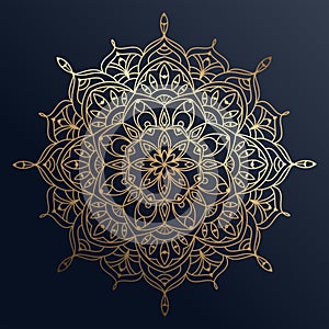 Hand drawn gold ornament mandala with floral elements on dark blue background. Decorative golden gradient pattern. Beautiful