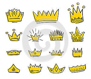 Hand drawn golden crowns draft set. Vector illustration.