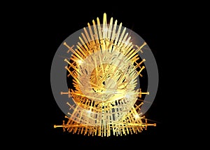 Hand drawn golden iron throne of Westeros made of antique swords or metal blades. Ceremonial chair built of weapon isolated