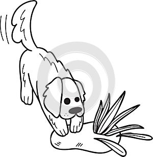 Hand Drawn Golden retriever Dog digging illustration in doodle style