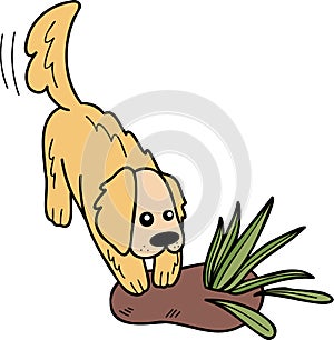 Hand Drawn Golden retriever Dog digging illustration in doodle style