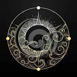 Hand Drawn Golden Sun and Moon with Cloud Esoteric Symbol. Vector illustration