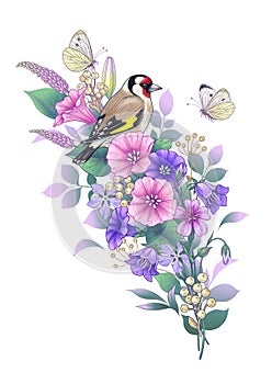 Goldfinch, Butterflies  and Wildflowers Bouquet photo