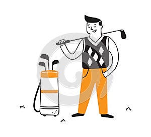 Hand drawn golf player with club. Golfer in doodle style. Isolated vector illustration