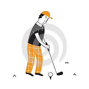 Hand drawn golf player with club. Golfers in doodle style. Isolated vector illustration