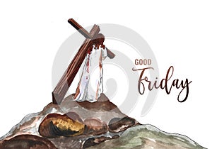 Hand drawn good friday blessings with jesus carrying cross watercolor background