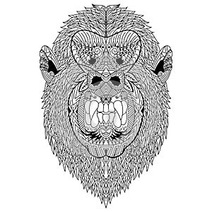 Hand drawn of gorilla head in zentangle style