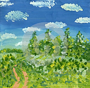 Hand drawn gouache and watercolor illustration. Nature landscape. Blue sky with white clounds. Green trees and path in forest. Sim