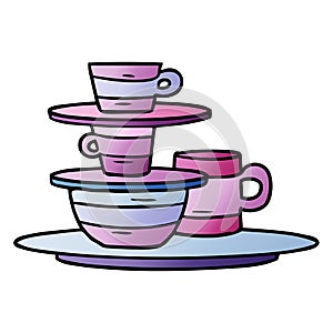 hand drawn gradient cartoon doodle of colourful bowls and plates