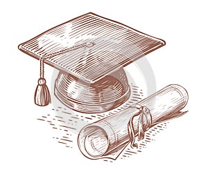 Hand drawn Graduation cap and diploma in sketch style. Academic degree, education concept. Vintage vector illustration