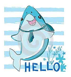 Hand drawn graphic design with Shark. Vector illustration. Sketch fish sea. Childish print design for fabric, t-shirts, poster,